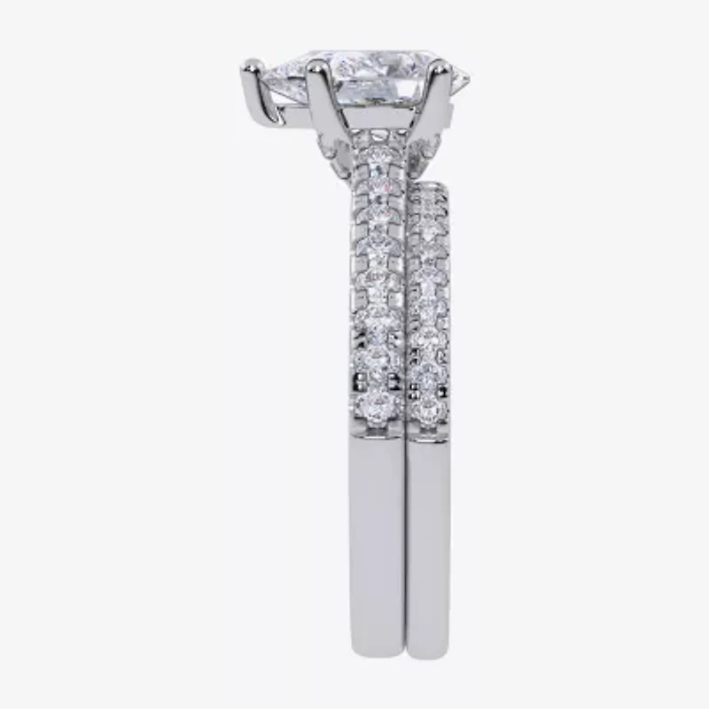 H-I / Si2-I1) Womens 1 1/2 CT. T.W. Lab Grown White Diamond 10K Gold Pear Side Stone Bridal Set