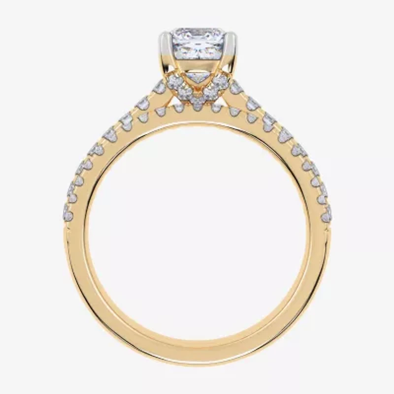(H-I / Si2-I1) Womens 1 1/2 CT. T.W. Lab Grown White Diamond 10K Gold Cushion Side Stone Bridal Set
