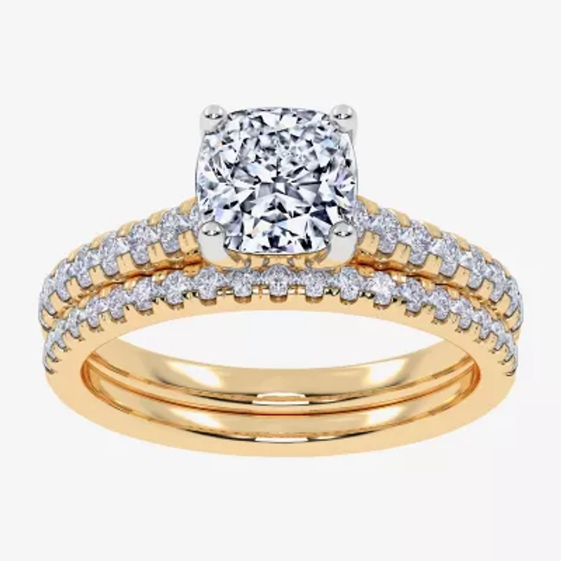 (H-I / Si2-I1) Womens 1 1/2 CT. T.W. Lab Grown White Diamond 10K Gold Cushion Side Stone Bridal Set