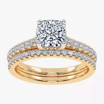 (H-I / Si2-I1) Womens 1 1/2 CT. T.W. Lab Grown White Diamond 10K Gold Cushion Side Stone Bridal Set