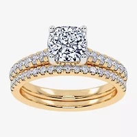 (H-I / Si2-I1) Womens 1 1/2 CT. T.W. Lab Grown White Diamond 10K Gold Cushion Side Stone Bridal Set