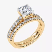 (H-I / Si2-I1) Womens 1 1/2 CT. T.W. Lab Grown White Diamond 10K Gold Cushion Side Stone Bridal Set