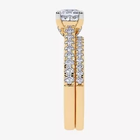 (H-I / Si2-I1) Womens 1 1/2 CT. T.W. Lab Grown White Diamond 10K Gold Cushion Side Stone Bridal Set