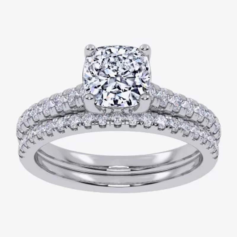 (H-I / Si2-I1) Womens 1 1/2 CT. T.W. Lab Grown White Diamond 10K Gold Cushion Side Stone Bridal Set