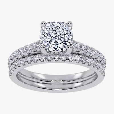 (H-I / Si2-I1) Womens 1 1/2 CT. T.W. Lab Grown White Diamond 10K Gold Cushion Side Stone Bridal Set
