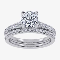 (H-I / Si2-I1) Womens 1 1/2 CT. T.W. Lab Grown White Diamond 10K Gold Cushion Side Stone Bridal Set
