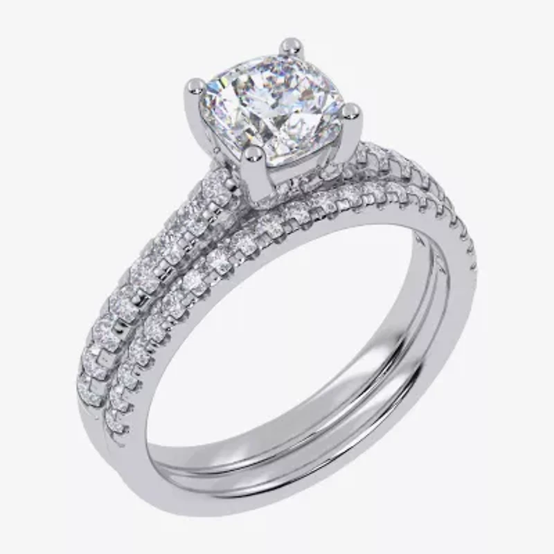 (H-I / Si2-I1) Womens 1 1/2 CT. T.W. Lab Grown White Diamond 10K Gold Cushion Side Stone Bridal Set