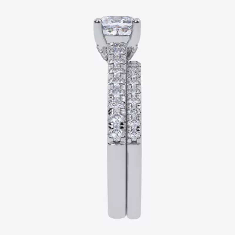 (H-I / Si2-I1) Womens 1 1/2 CT. T.W. Lab Grown White Diamond 10K Gold Cushion Side Stone Bridal Set