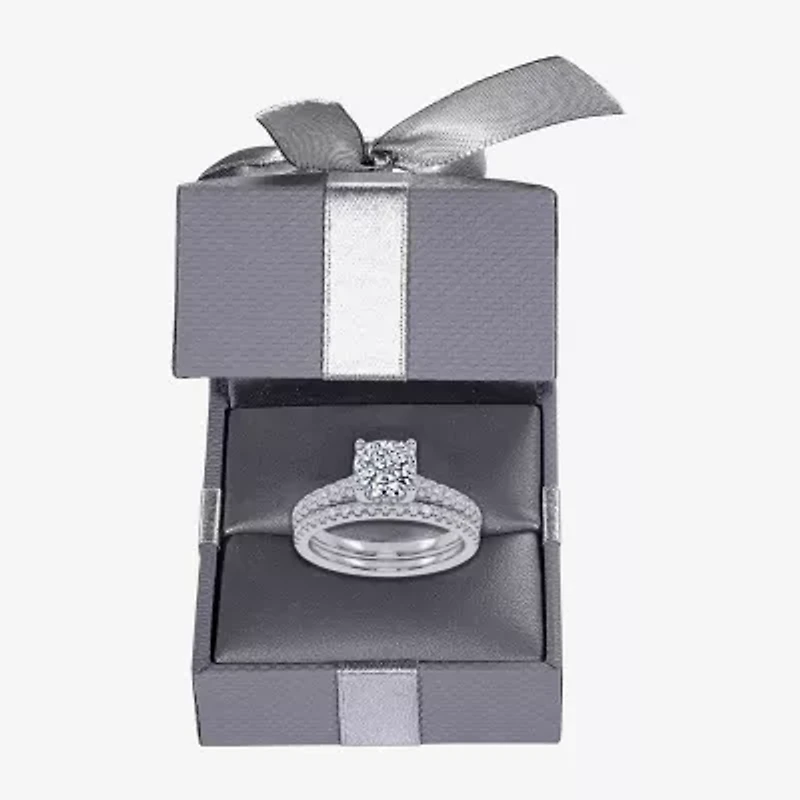 (H-I / Si2-I1) Womens 1 1/2 CT. T.W. Lab Grown White Diamond 10K Gold Cushion Side Stone Bridal Set