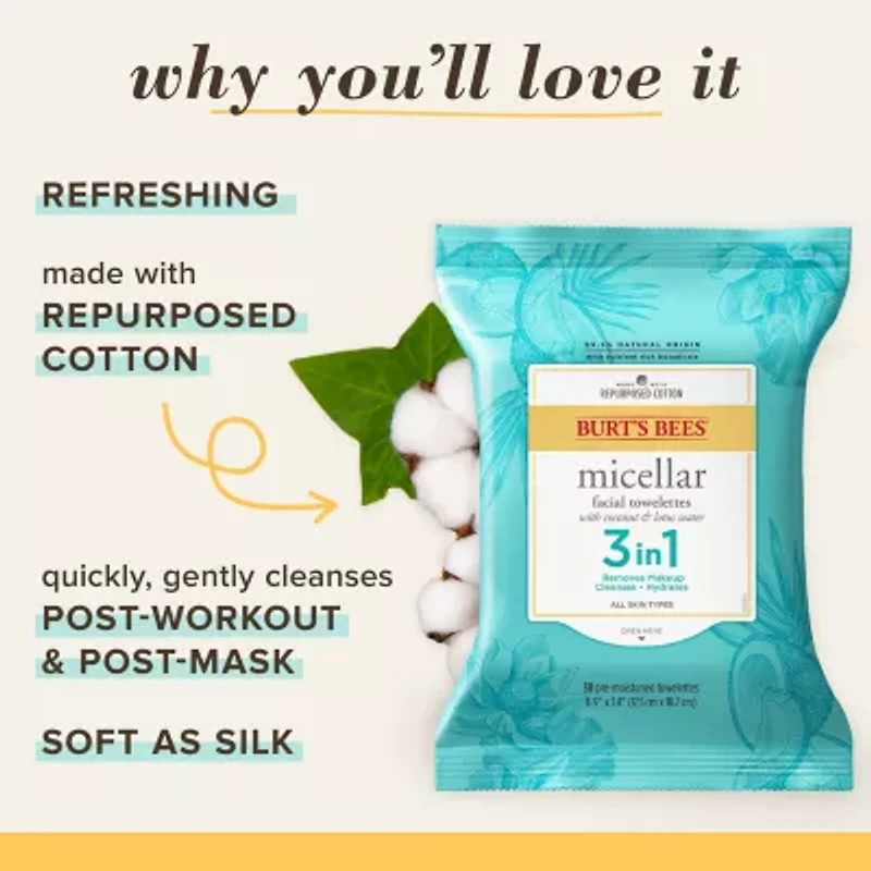 Burts Bees Micellar Coconut Lotus Facial Cleansing Towelettes