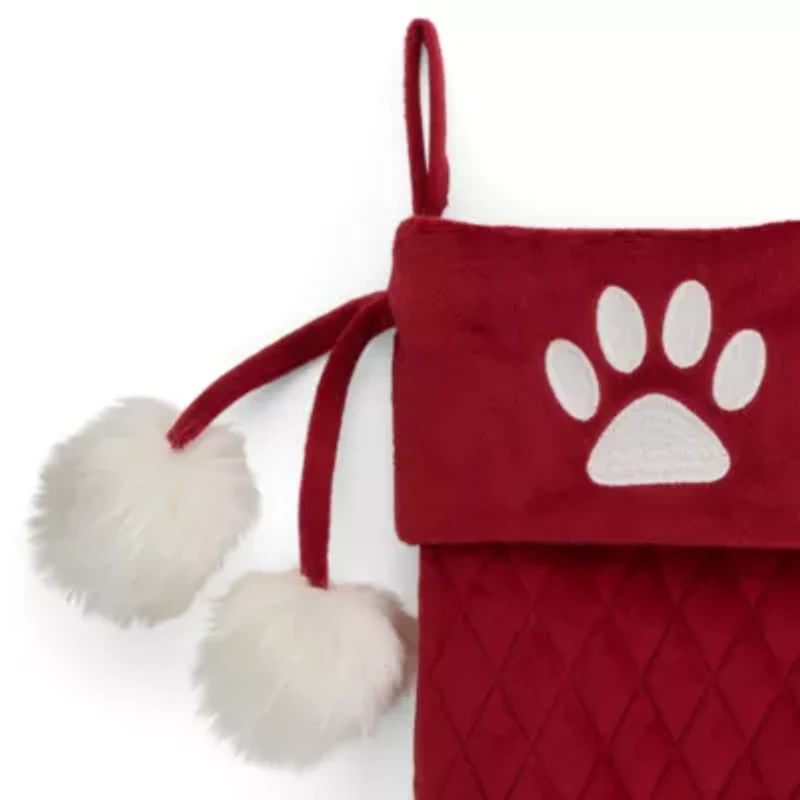North Pole Trading Co. Red Quilted Monogram Paw Print Christmas Stocking