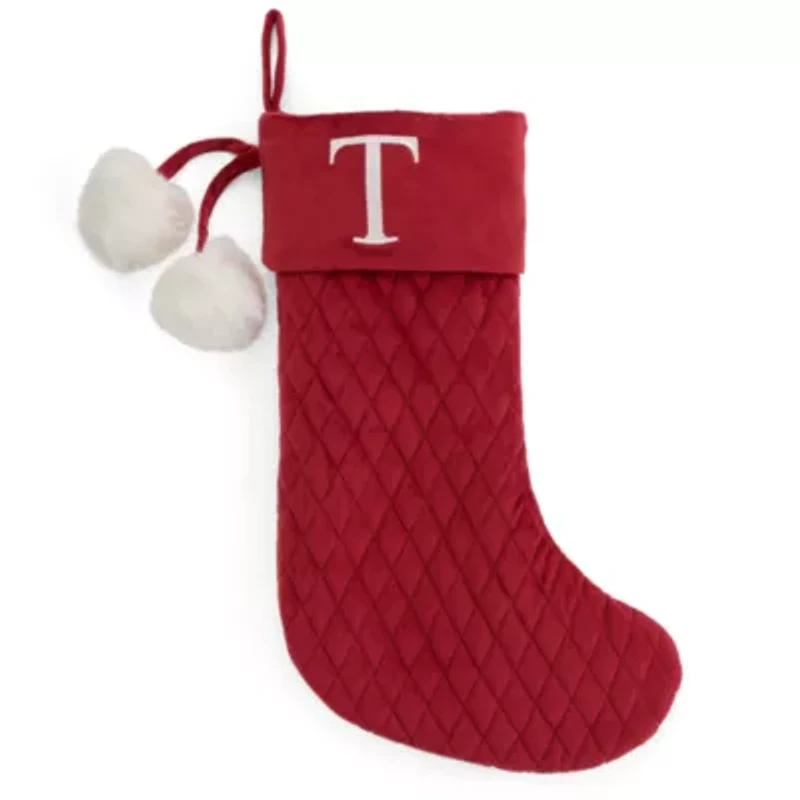 North Pole Trading Co. Red Quilted Monogram T Christmas Stocking