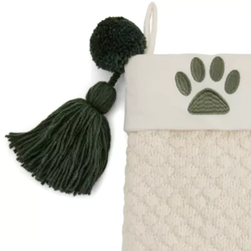 North Pole Trading Co. Ivory Knit Monogram Paw Print Christmas Stocking