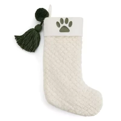North Pole Trading Co. Ivory Knit Monogram Paw Print Christmas Stocking