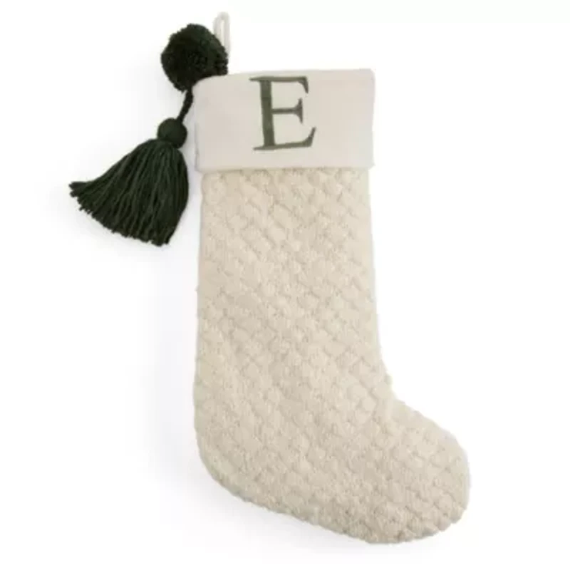 North Pole Trading Co. Ivory Knit Monogram E Christmas Stocking