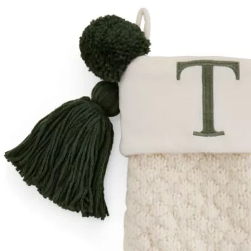North Pole Trading Co. Ivory Knit Monogram T Christmas Stocking