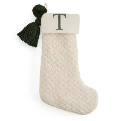 North Pole Trading Co. Ivory Knit Monogram T Christmas Stocking