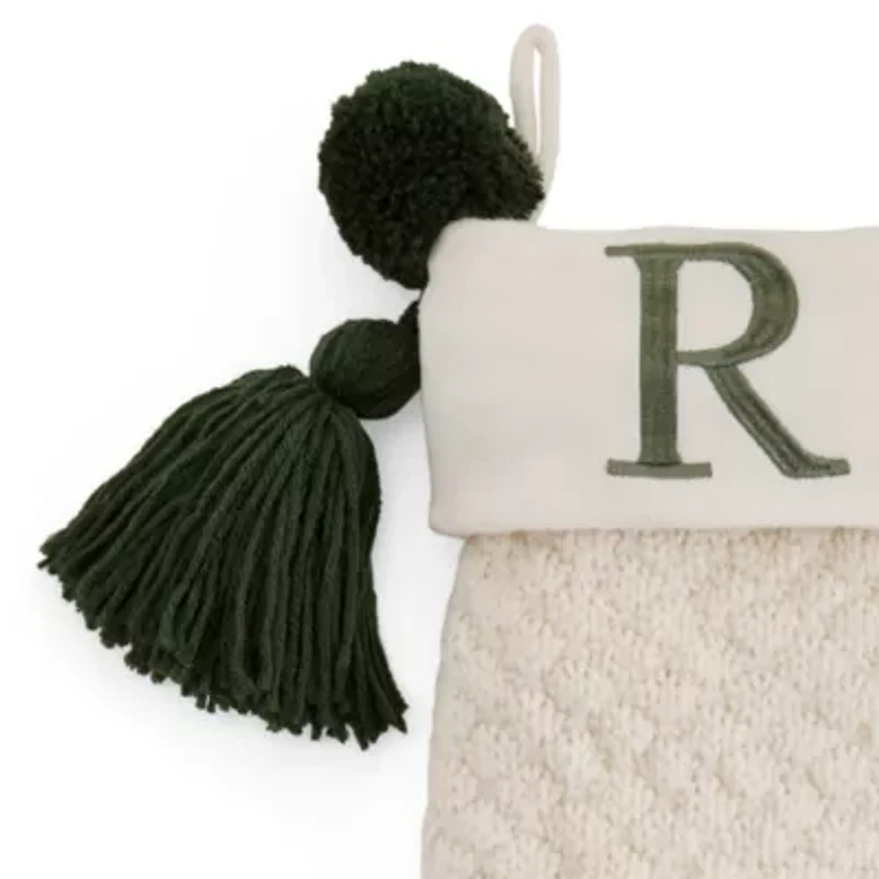North Pole Trading Co. Ivory Knit Monogram R Christmas Stocking