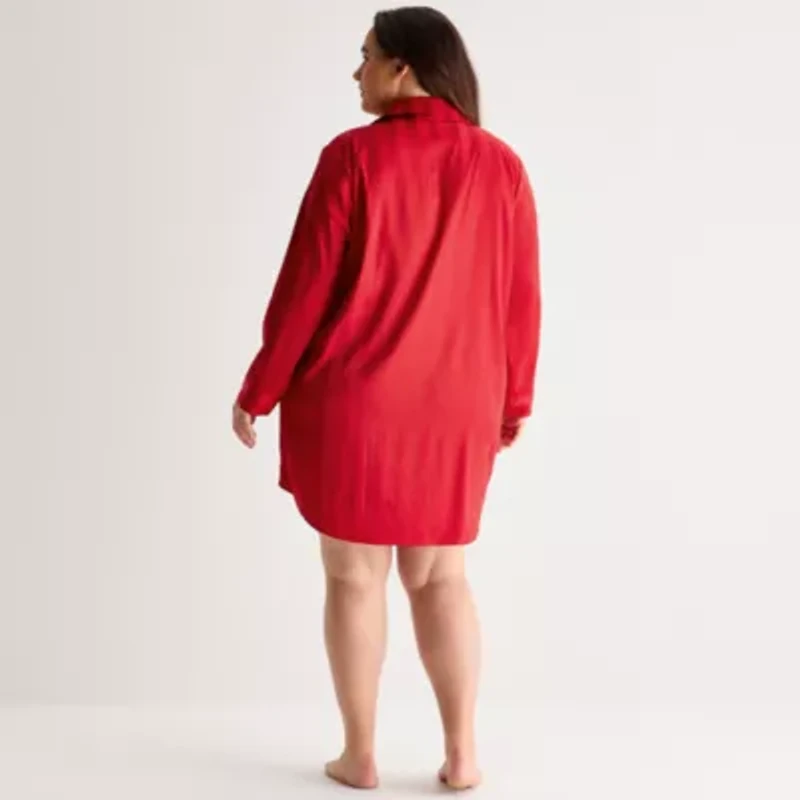 Ambrielle Womens Satin Long Sleeve Plus Nightshirt