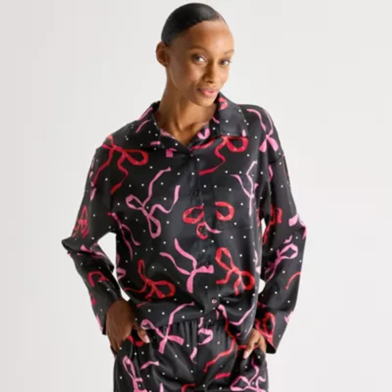 Ambrielle Womens Satin Long Sleeve 2-pc. Pajama Sets