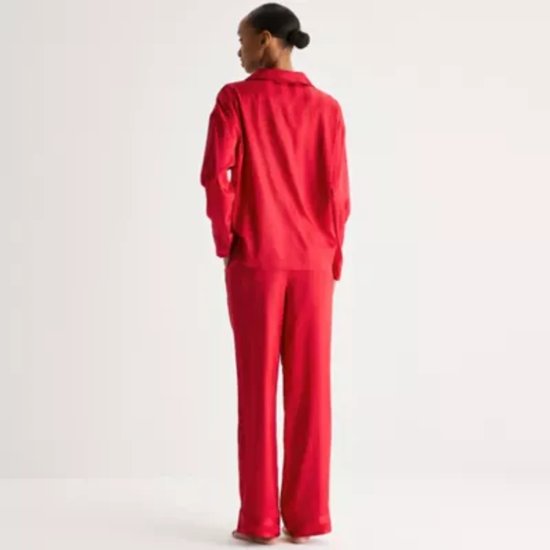 Ambrielle Womens Satin Long Sleeve 2-pc. Pajama Sets