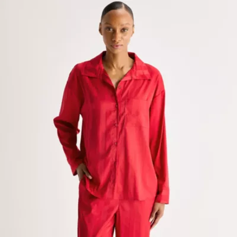 Ambrielle Womens Satin Long Sleeve 2-pc. Pajama Sets