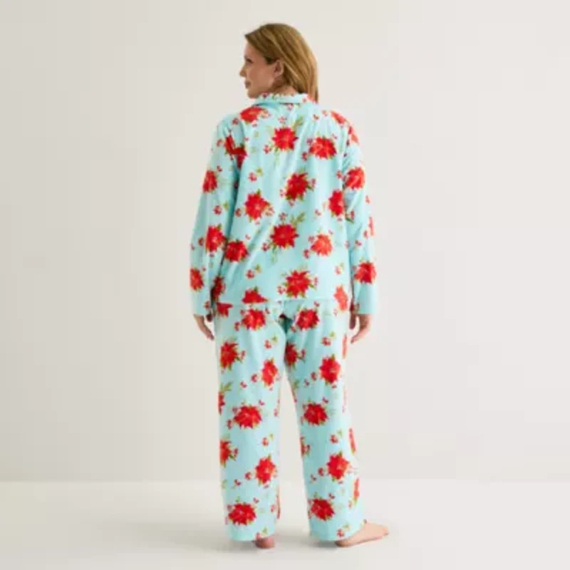Adonna Womens Fleece Long Sleeve 2-pc. Plus Pajama Sets