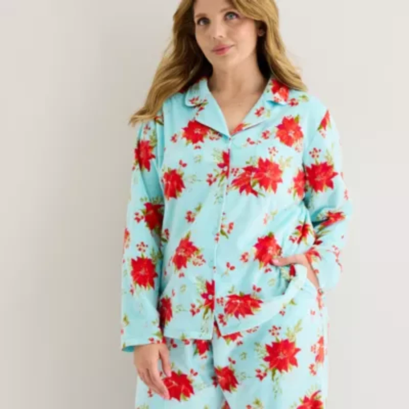 Adonna Womens Fleece Long Sleeve 2-pc. Plus Pajama Sets