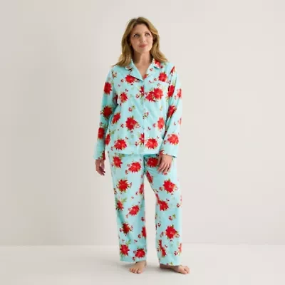 Adonna Womens Fleece Long Sleeve 2-pc. Plus Pajama Sets