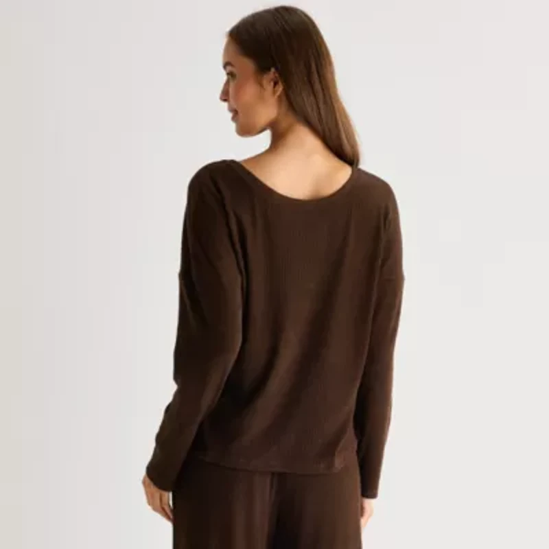 Ambrielle Womens Rib V Neck Long Sleeve Pajama Top