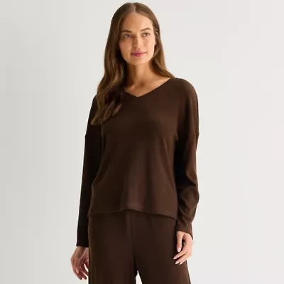 Ambrielle Womens Rib V Neck Long Sleeve Pajama Top