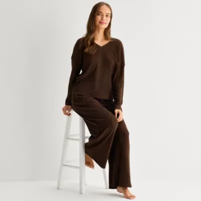 Ambrielle Womens Rib V Neck Long Sleeve Pajama Top