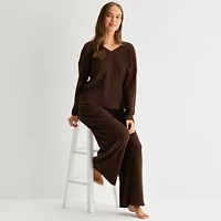 Ambrielle Womens Rib V Neck Long Sleeve Pajama Top