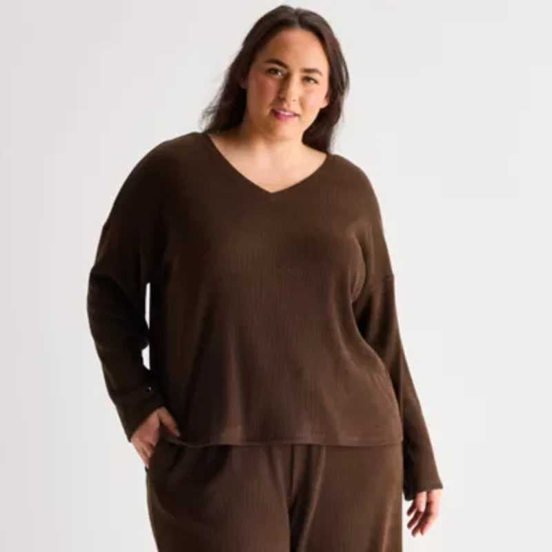Ambrielle Womens Rib V Neck Long Sleeve Plus Pajama Top