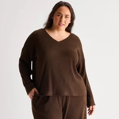 Ambrielle Womens Rib V Neck Long Sleeve Plus Pajama Top