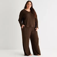 Ambrielle Womens Rib V Neck Long Sleeve Plus Pajama Top