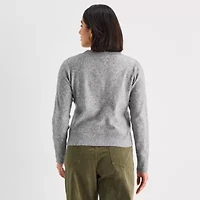 a.n.a Womens Crew Neck Long Sleeve Button Animal Cardigan