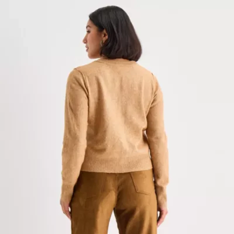 a.n.a Womens Crew Neck Long Sleeve Button Animal Cardigan