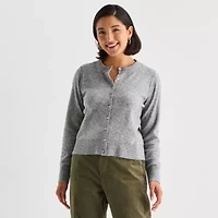 a.n.a Womens Crew Neck Long Sleeve Button Animal Cardigan