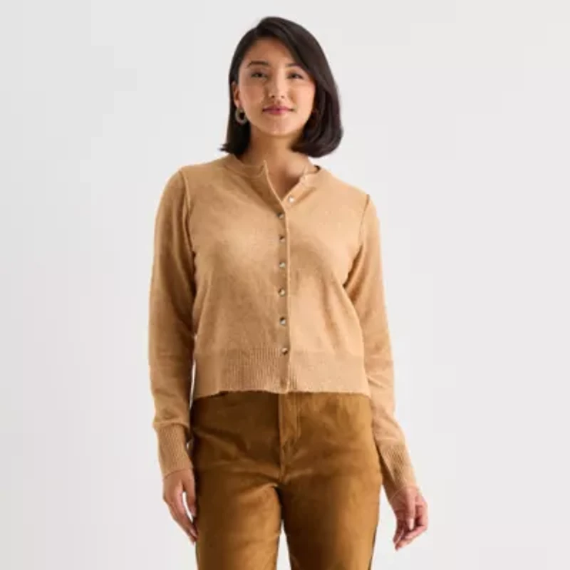 a.n.a Womens Crew Neck Long Sleeve Button Animal Cardigan