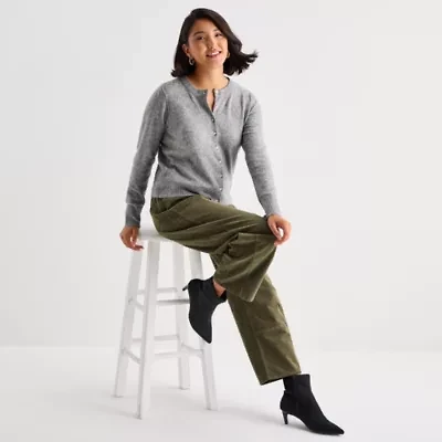 a.n.a Womens Crew Neck Long Sleeve Button Animal Cardigan