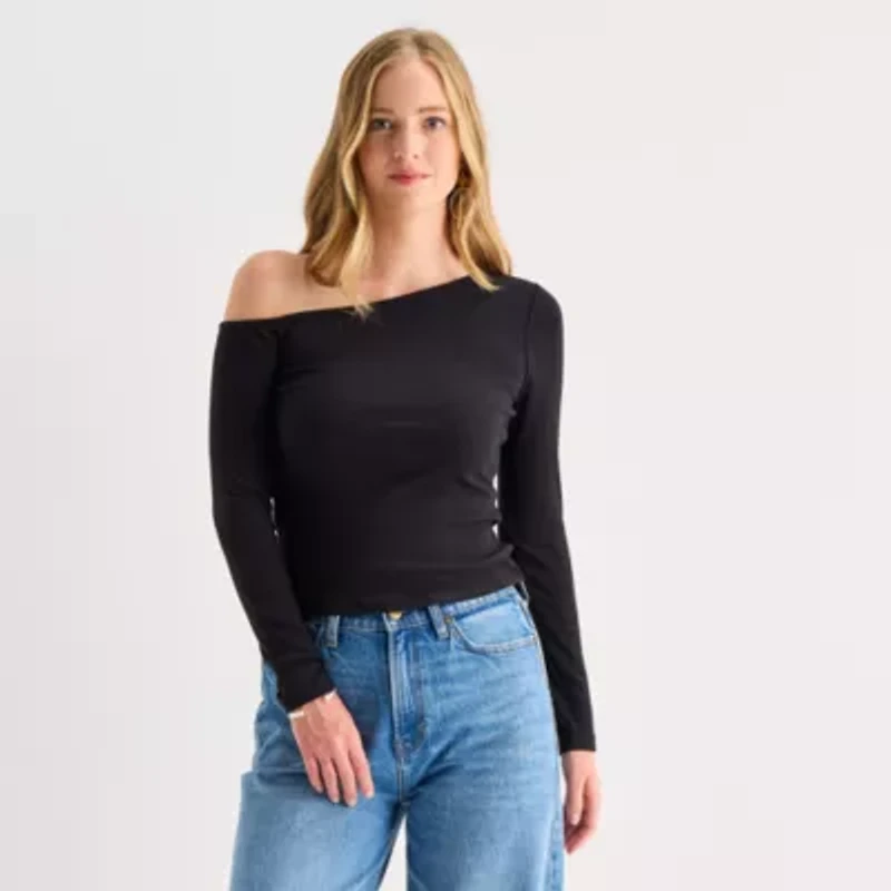 a.n.a Womens Asymmetrical Neck Long Sleeve T-Shirt