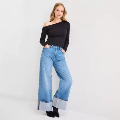 a.n.a Womens Asymmetrical Neck Long Sleeve T-Shirt