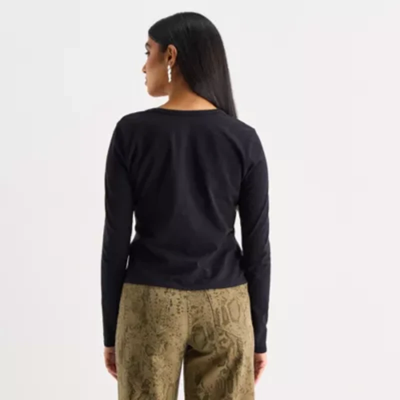 a.n.a Womens Y Neck Long Sleeve T-Shirt