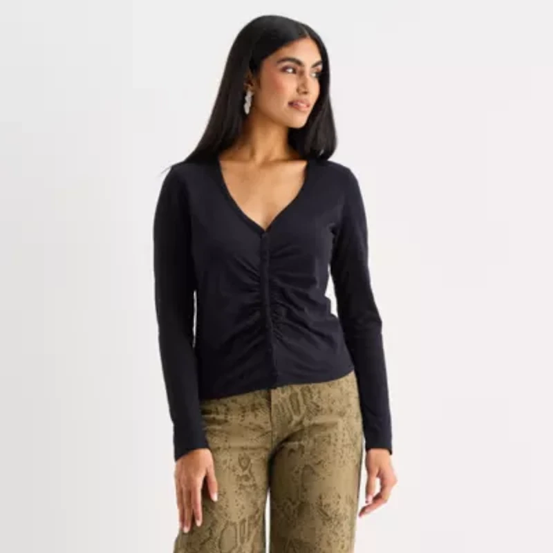 a.n.a Womens Y Neck Long Sleeve T-Shirt