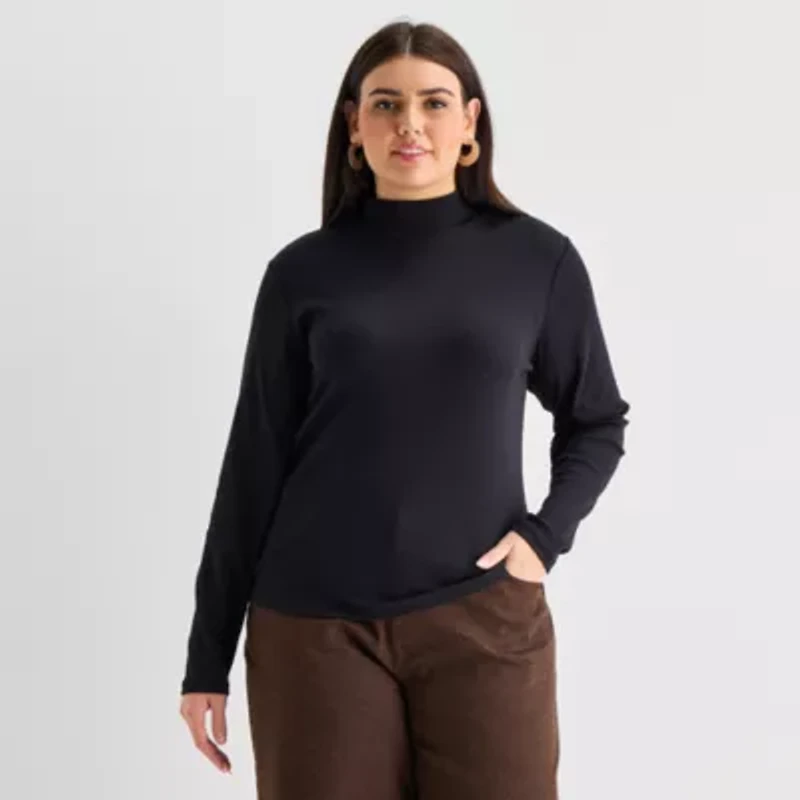a.n.a Womens Mock Neck Long Sleeve Plus T-Shirt