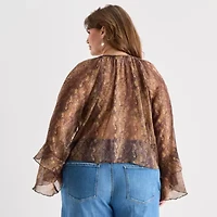 a.n.a Ruffle Womens Y Neck Long Sleeve Plus Blouse