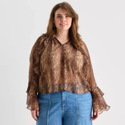 a.n.a Ruffle Womens Y Neck Long Sleeve Plus Blouse