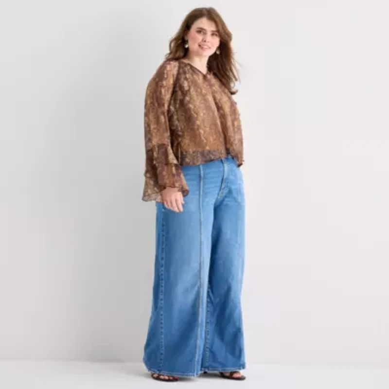 a.n.a Ruffle Womens Y Neck Long Sleeve Plus Blouse