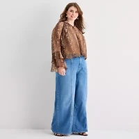 a.n.a Ruffle Womens Y Neck Long Sleeve Plus Blouse